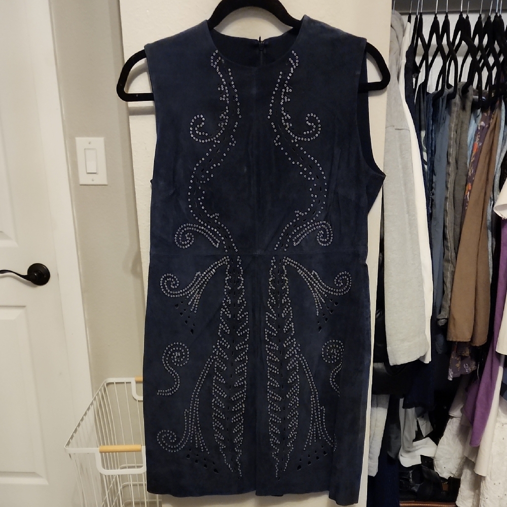Zara Dark Blue Embellished Leather Mini Dress